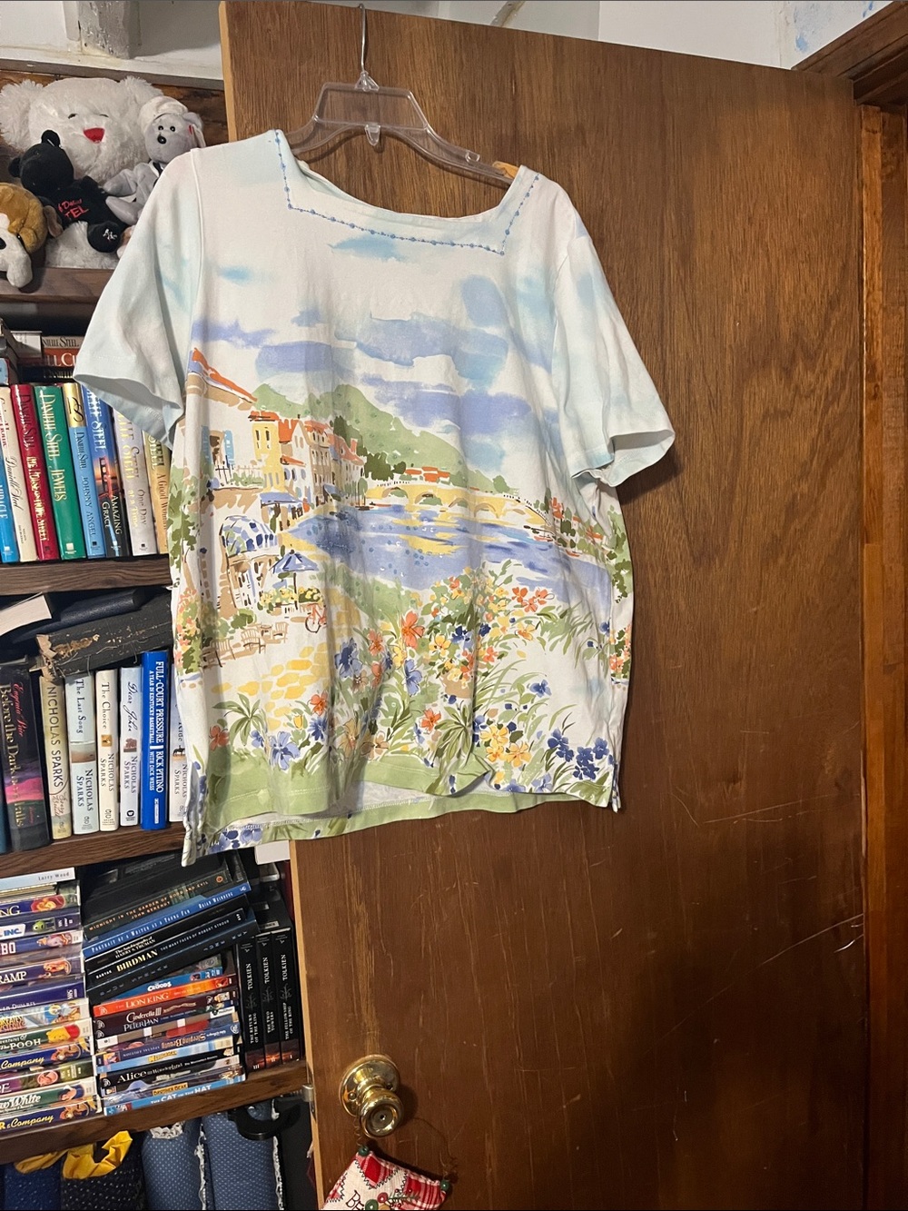 Alfred Dunner Scenic Watercolor Print Short Sleeve Blouse in White, Blue, Green